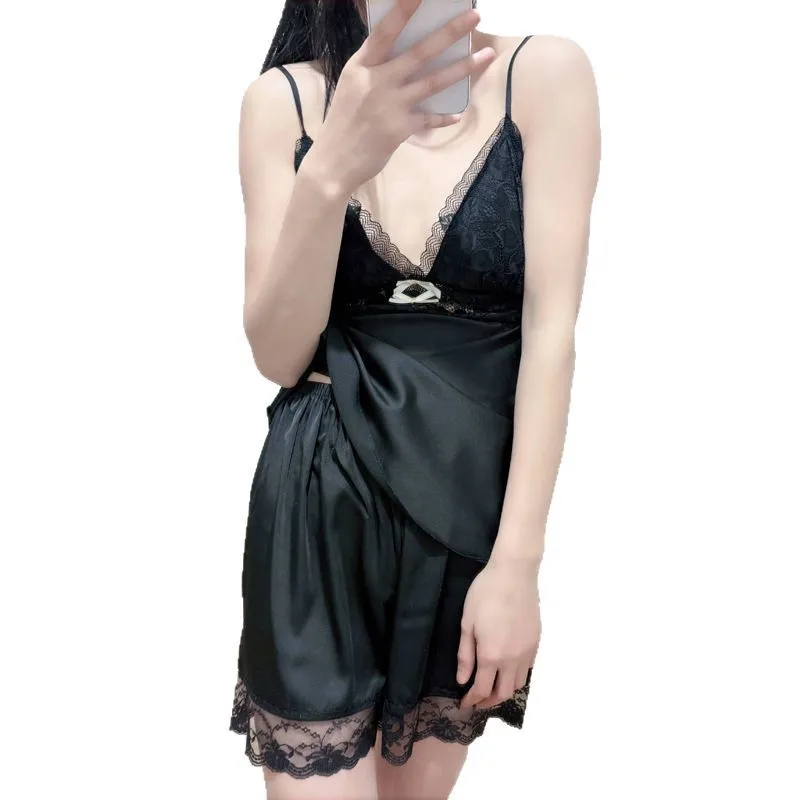 Internet Celebrities New Ice Silk Pajamas Sexy Lace Suspender Shorts Summer with Chest Pad Two-piece Set Loungewear