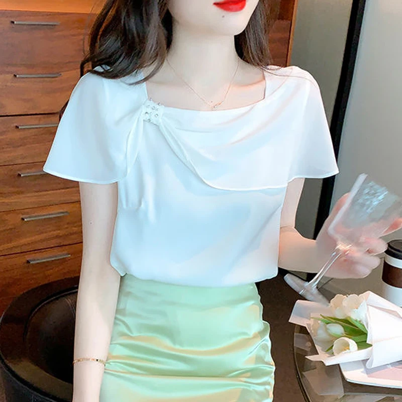 Women Clothing Summer Fashion Rhinestone Elegant Blouses Ruffles Sweet Chic Short Sleeve Shirts Female Casual Solid Fairy Tops