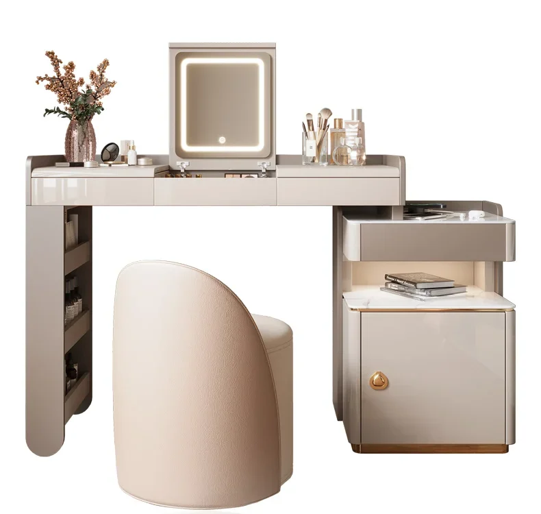 

LSmall apartment dresser light luxury high-end sense retractable bedside table storage integrated clamshell mirror makeup table