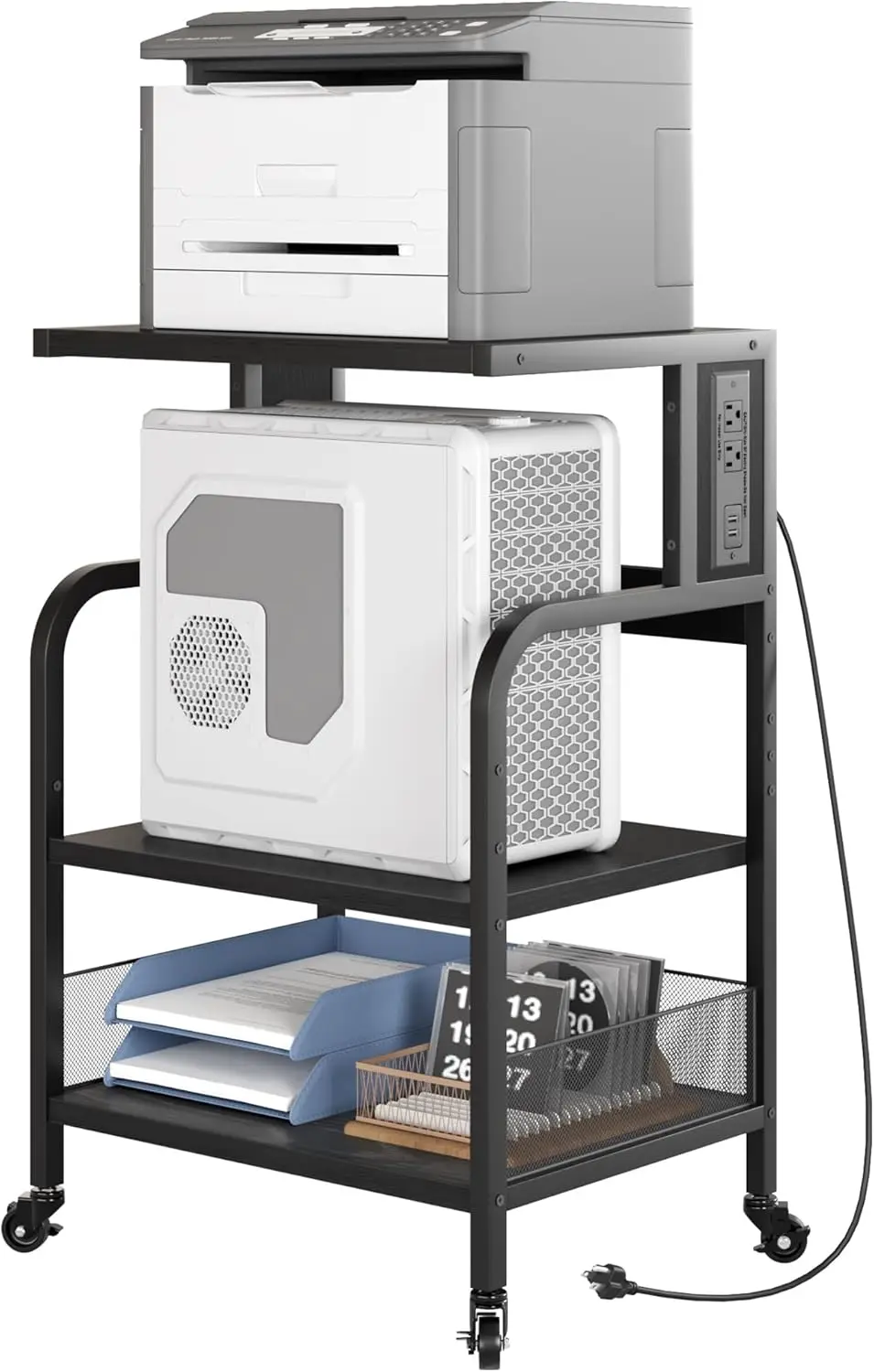 Druckerständer, Großer Druckertisch mit Verstellbarer Ablagefläche, Dreistufiger, Rollbarer Druckerständer mit Rollen für das Homeoffice, Faxgeräte, Scanner