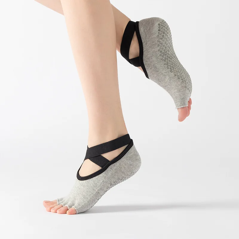 Bandage Yoga Socks for Women Pilates Ballet Dance Cotton Non-Slip Sports Gym Fitness Workout Half Toes Grips Socks