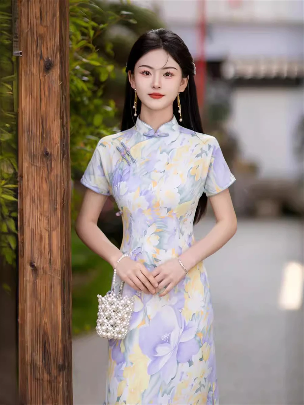 New Chinese Style Printed Cheongsam Young Girls Retro Traditional Improved Qipao Daily Short-sleeved Dress Evening Banquet Gown