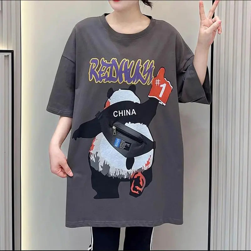 100 Cotton Korean Style Tops Lady Clothing Y2k Tees Summer New Cartoon Bear Panda Zipper Pocket Split Loose T-shirt Women