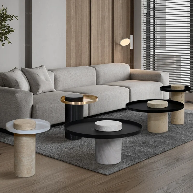 Modern Minimalist Natural Stone Couple Tables Beige Limestone Marble Nero Margiua Travertine Nesting Coffee Table