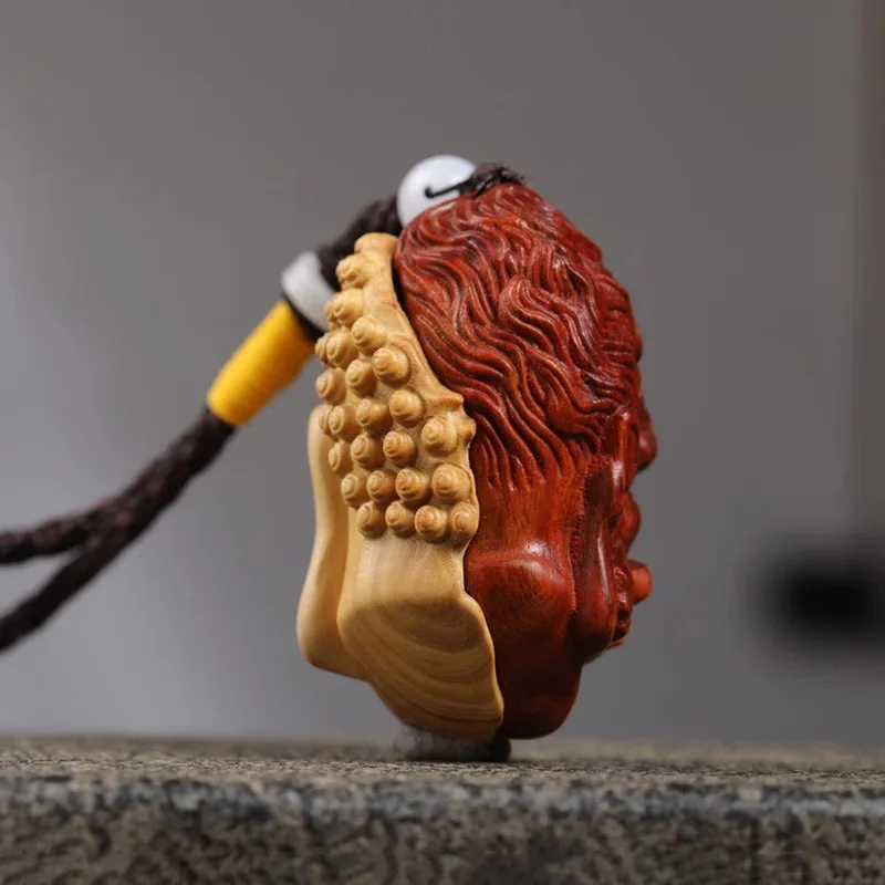 Wooden Carving One Thought Buddha Demon Head,, Cypress & Rosewood Dual Face Mask, Zen Yin Yang Amulet Feng Shui Car Decor