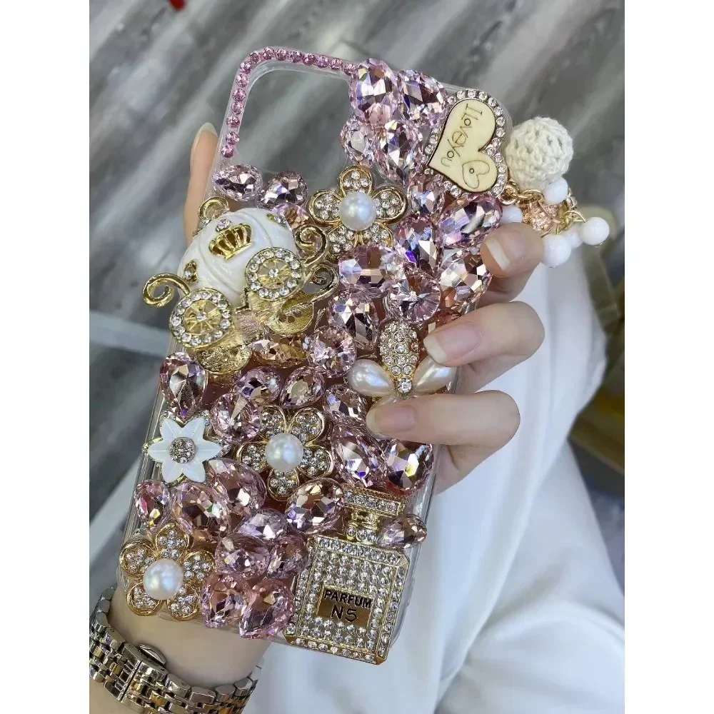 Luxury 3D Diamond Phone Case for iPhone 14, 15, 13, 12, 16 Pro Max, Perfume, Pumpkin, Rhinestone Back Cover