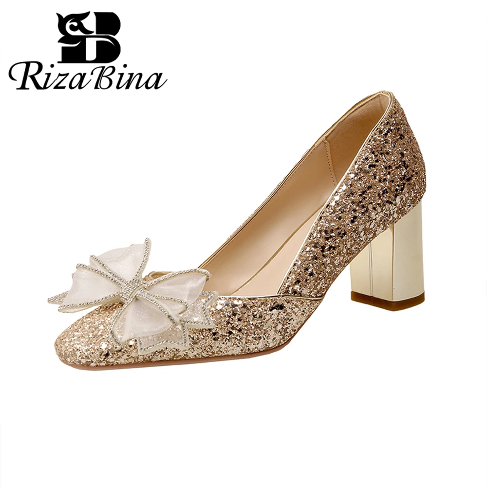 

RIZABINA Rhinestone Women Wedding Shoes Elegant Butterfly Tie Chunky Heel Shoes Lady Comfort Slip On Crystal Shoes Size 36-42