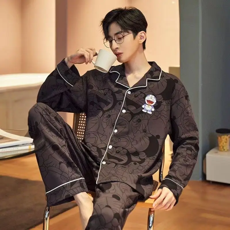 

Повседневные и стильные мужские пижамы на весну и осень, универсальный кардиган с длинными рукавами и отложным воротником, домашняя одежда, клетчатый комплект больших размеров