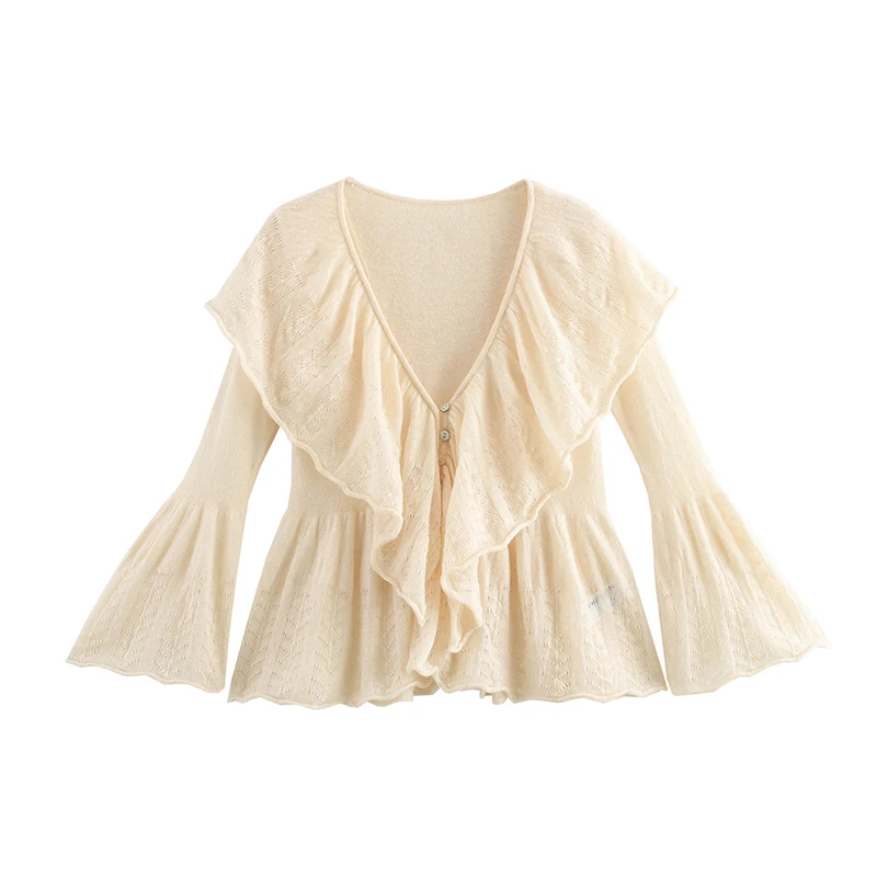 

Spring 2025 Women Flare Sleeve V Neck Front Button Ruffle Knit Sweater Casual Thin Crop Cardigan