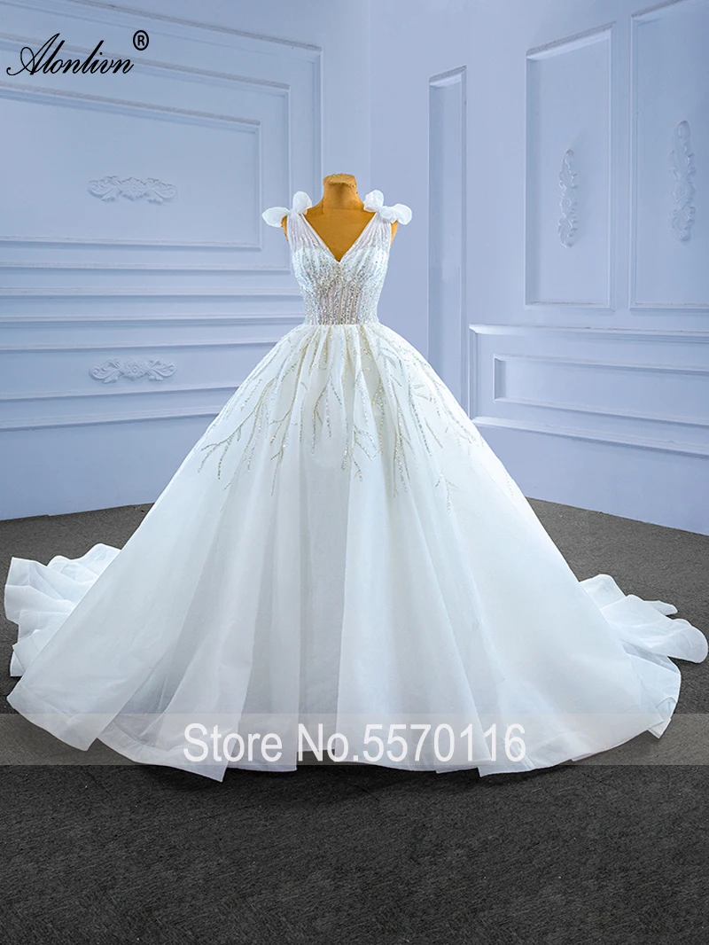 Alonlivn Elegant A-Line Wedding Dresses Beading Pearls Appliques Lace Sleeveless V-Neck Bridal Gowns