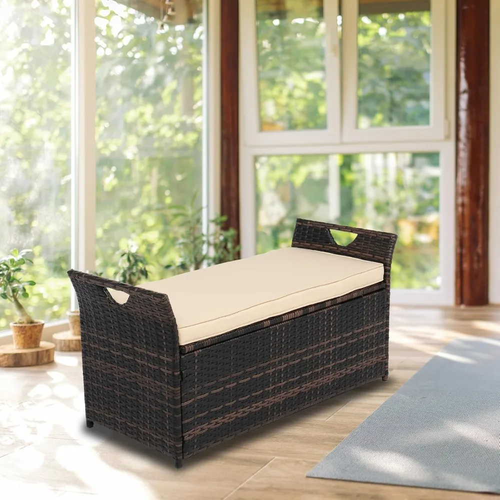 

40 Gallon Wicker Storage Bench, Patio Cushion Storage Box Designed with Side Handles, Rattan Deck Box for Garden Tools