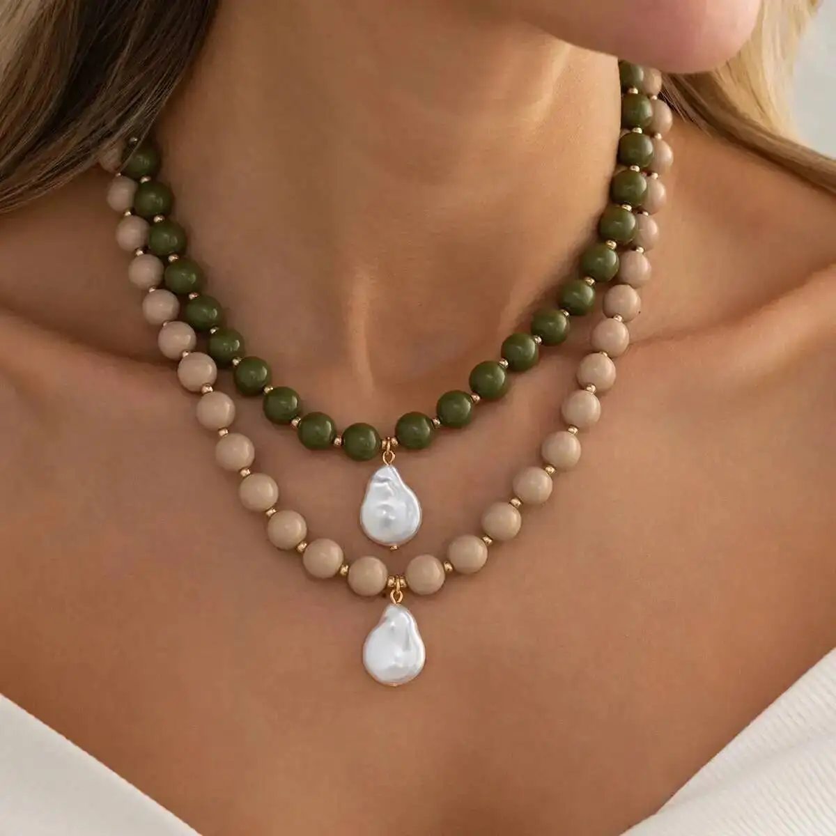 SHIXIN Y2K Bohemian Round Acrylic Colorful Beaded Necklace Women Baroque Irregular Imitation Pearl Pendant Chain Jewelry Gifts