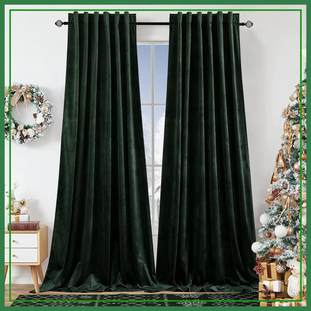 

Dark Green Velvet Curtains for Bedroom Window, Back Tab, Room Darkening Thermal Insulated Drapes, 52x84 Inches, 2 Panels