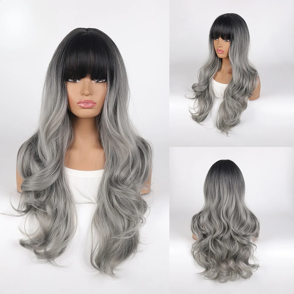 

European and American chemical fiber wig, long curly hair, women's gray wig, headgear, dyed wig.