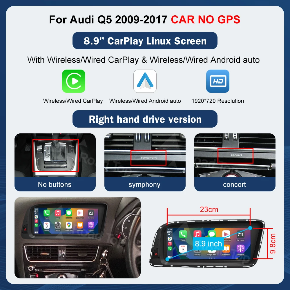 8,9'' Road Top Multimedia Display Touchscreen voor Audi Q5 2009-2017 met Airplay, Miracast functie, draadloze Carplay en Android Auto