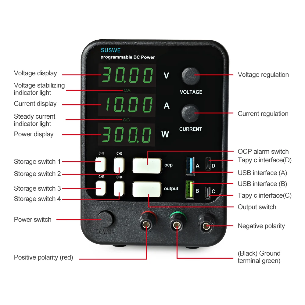 Regulowany zasilacz cyfrowy SUSWE DC 30V 10A Regulator zasilacza laboratoryjnego DC