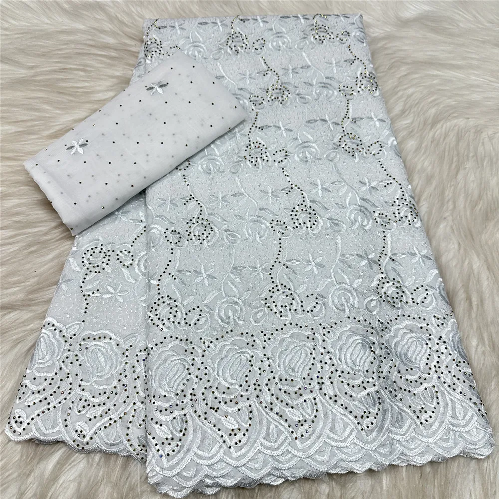 Luxuriöser 5+2 Yards Schweizer Voile bestickter Spitzenstoff aus nigerianischer Baumwolle, trockene Spitze mit Steinen für Kleidung, Nähmaterialien 31A34