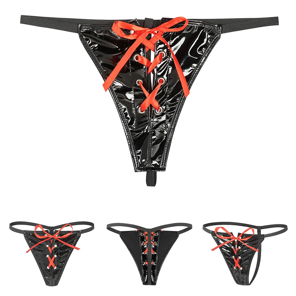 

Womens Sexy G Strings Thong Faux Leather Underwear Lingerie Low Rise Briefs Female Lace-up Panties T-back Underpants S-3XL