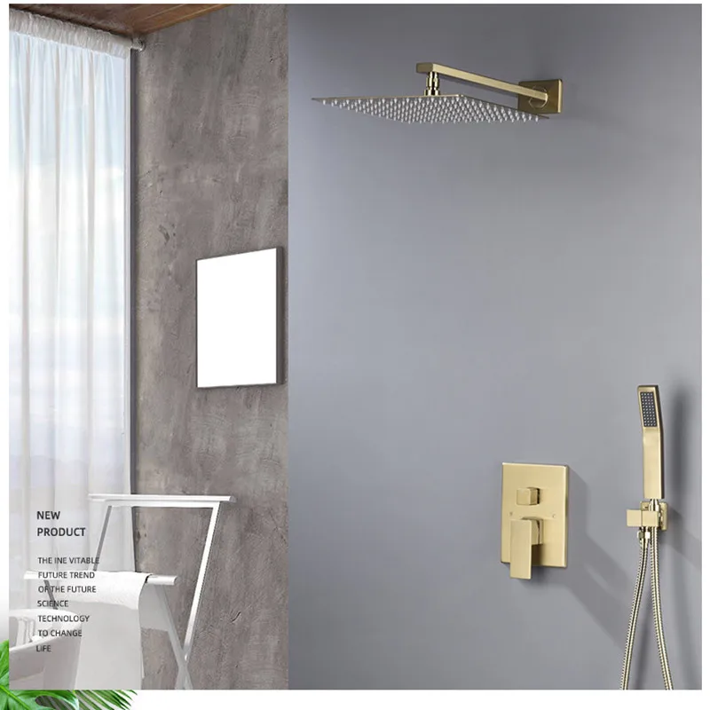 Brass Material Gold Shower Set Wall Mounted Faucet Mixer 12 Inch Rainfall Bathroom Tap with Handshower