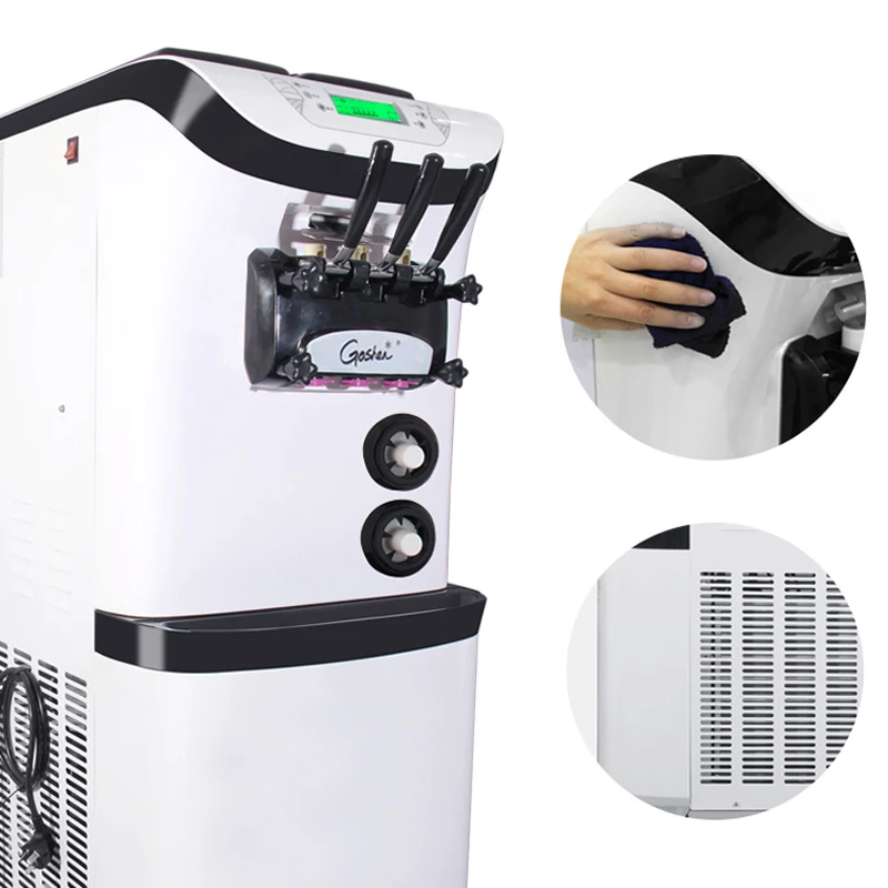 آلة الآيس كريم الجديدة نظام التشغيل الإنجليزي التجاري ثلاثة رؤوس ضاغط مزدوج عمودي آلة الآيس كريم الناعمة