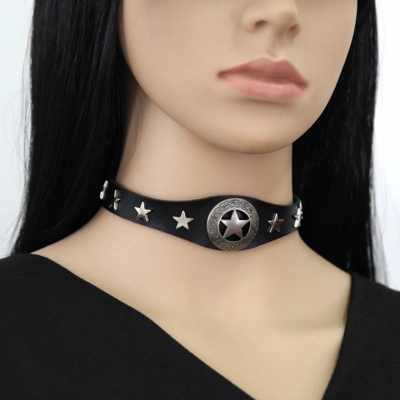 Gothic Harajuku Punk Simple PU Leather Stainless steel Five-pointed star Multicolored Necklace Clavicle chain Original design