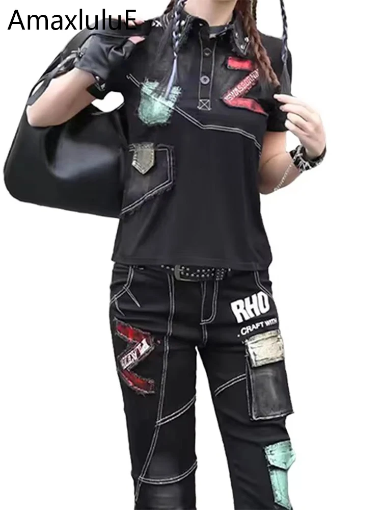 

Amax luluE летние женские модные тонкие комплекты из 2 предметов, костюмы с принтом, винтажные футболки, повседневные эластичные брюки, классические панк-наряды