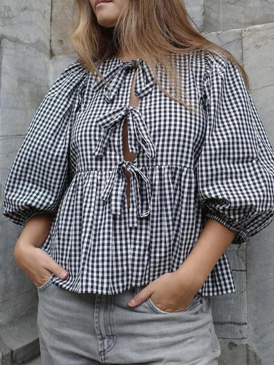 Women Basic Tie Front Tops Plaid Print 3/4 Sleeve Casual Shirt Female Elegant Spring Summer Blouse Streetwear Aesthetic Clothes