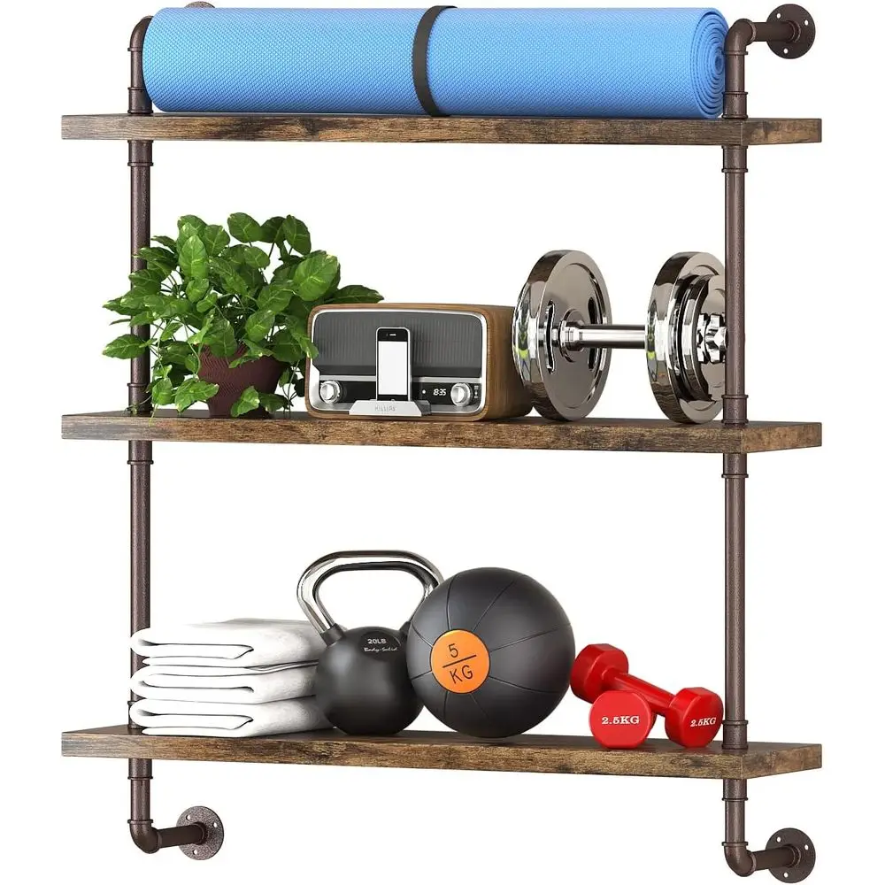 

3 Tier Industrial Pipe Shelf Rustic Wood Floating Shelves,Wall Display Bookshelf,Storage Rack Sundries Holder for Kitchen Office