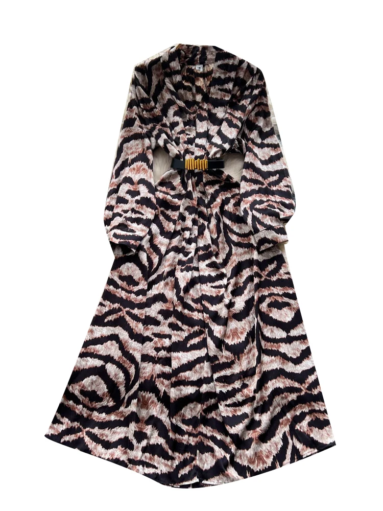 Ele V-ne Print Satin Long Dr Damen Herbst Winter Faion Gürtel Taille Hohe Taille A-Linie Dr Ci Pendeln