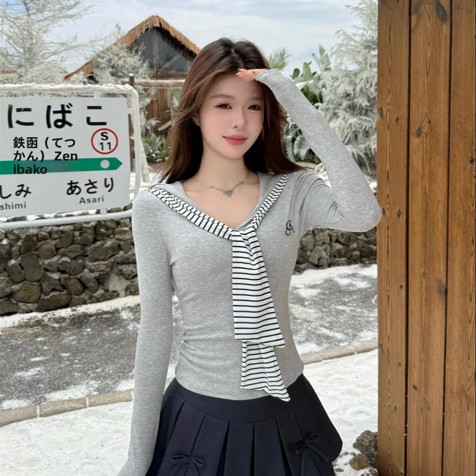 Sweet Style Long Sleeve T-Shirt Women's Slim Fit Fixed Band Chest Pad Stripe Splicing Necktie Autumn New Arrival Casual Cotton