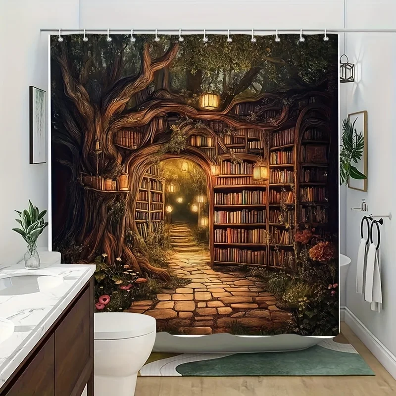 1pc Magical Forest Shower Curtain - Enchanted Dwarf Village with Stone Paths, Lanterns & Blooming Flowers, Machine Washable Poly