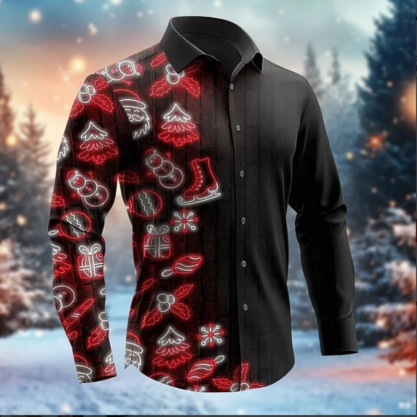 

New Men Festive Holiday Party 3D Printed Formal Shirt Christmas Snowflake Pattern Flip-over Long Sleeve Shirt Fashionable Shirt