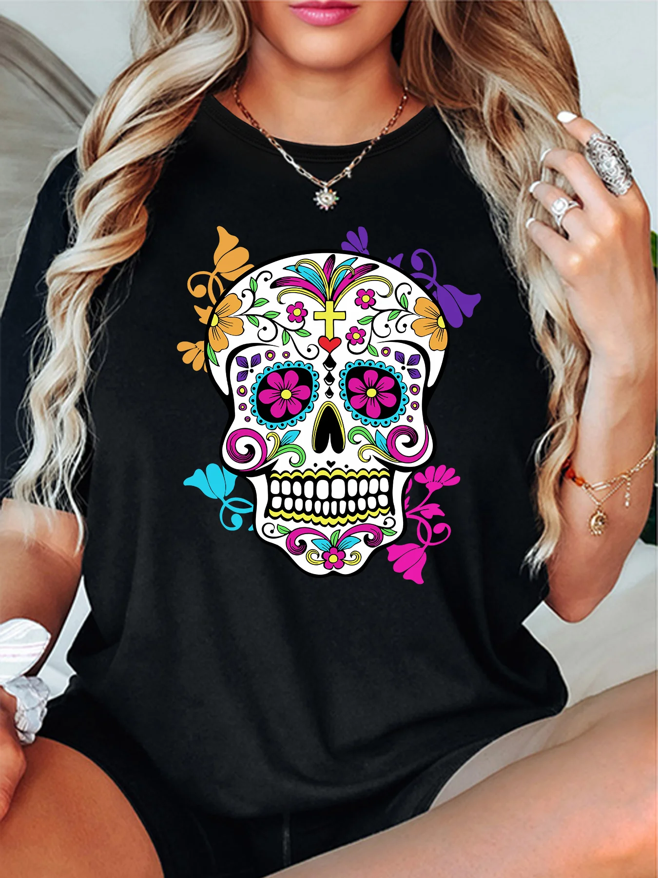 Camiseta de Manga Corta para Mujer con Diseño de Calavera de La Catrina, Blusa Moderna con Estampado de Calavera