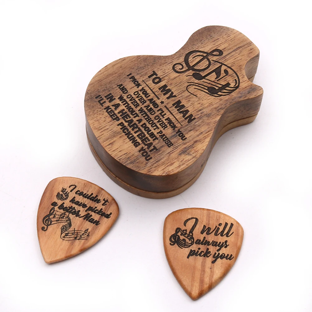 

1Set Guitar Guitar-Shaped Case Wooden Pick Holder Storage Box 2 Picks Durable Lightweight Music Accessories