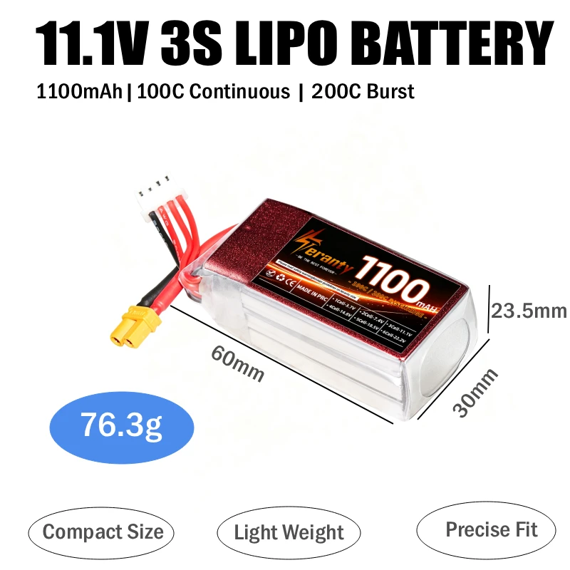 3PCS For 2.5inch FPV Racing Cinewhoop 1/16,1/18 Scale RC Cars 2S 7.4V /3S 11.1V 1100mAh RC Lipo Battery 100C MAX 200C