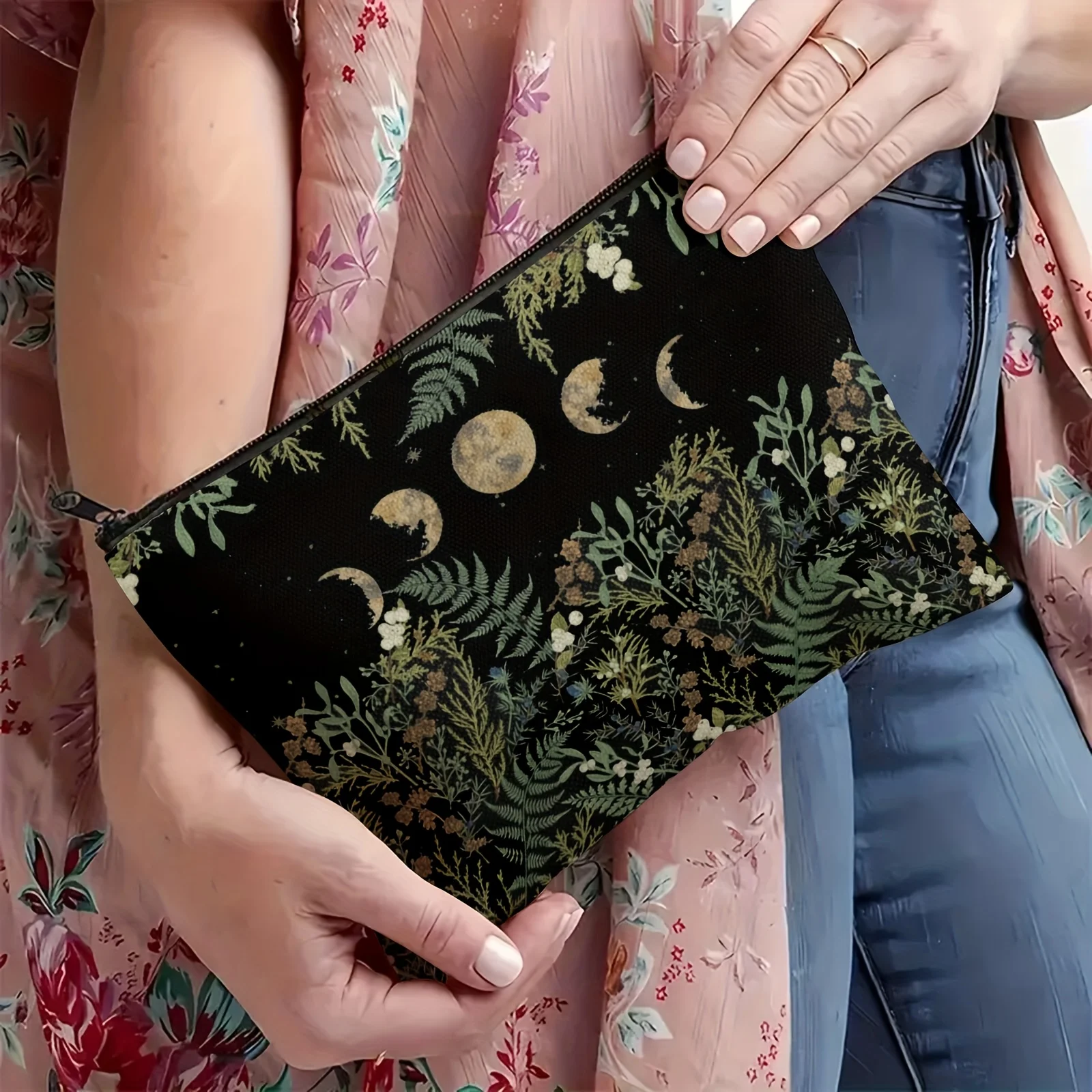 Grüne Hexe Natur Mondphase Wald Boho Tarot Reißverschlusstasche Kosmetiktasche Halbmond & Laubstifte, Reisezubehör – Detail 4