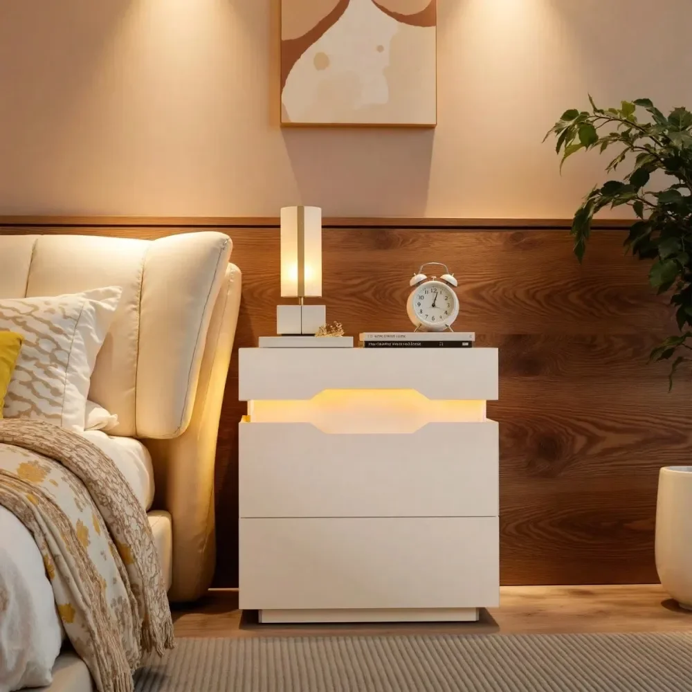 

Nightstand With Charging Station, LED Light And 2 Drawers