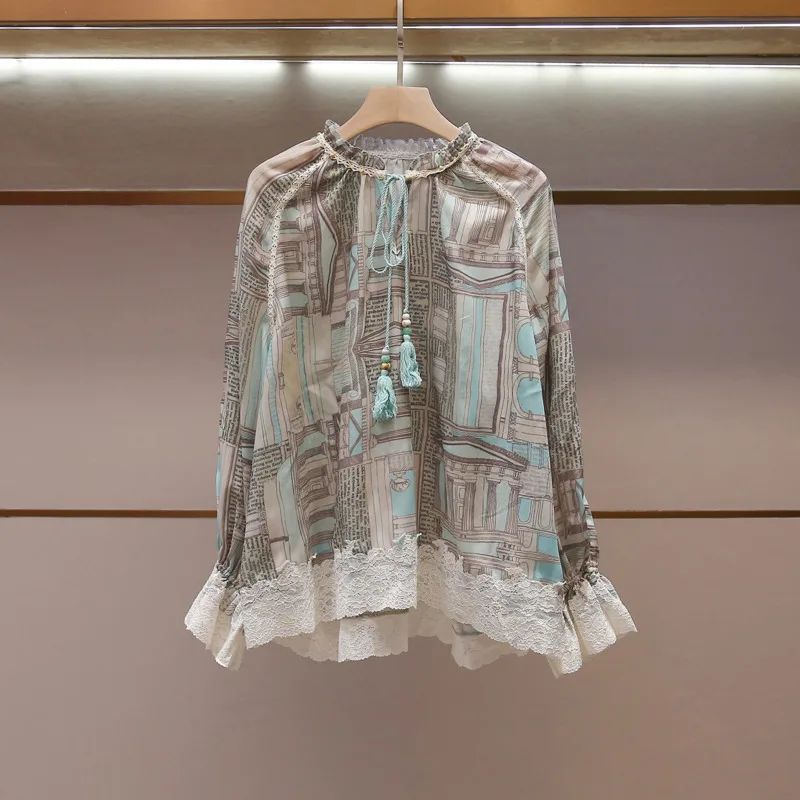 ANJY Spring Summer New Women High-End Fashion Design Printed Ruffles Lace Patchwork Long Sleeve Shirt Casual Trendy Skirt A23950