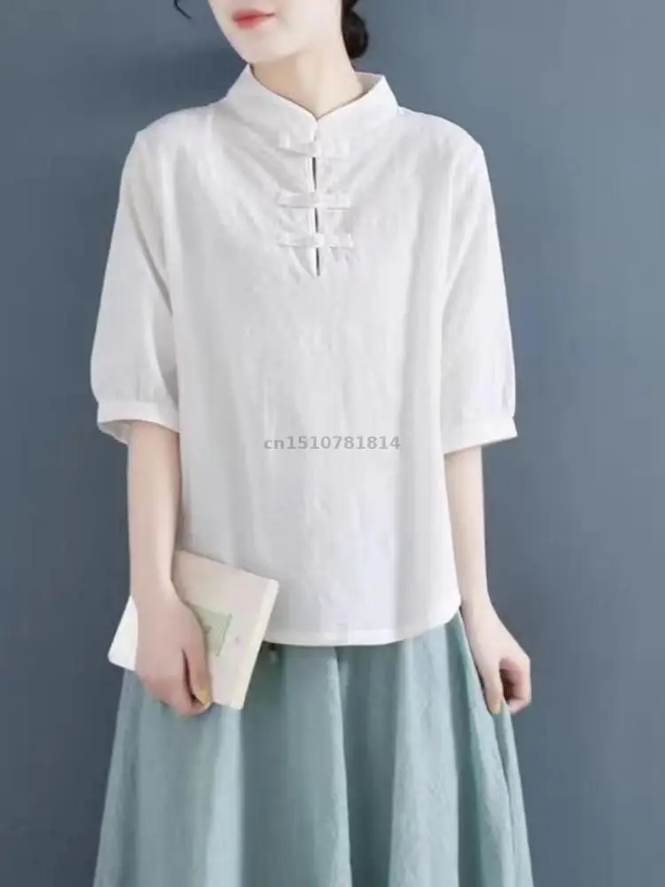 2026 Women New Chinese Style Mandarin Collar Cotton Linen Blouse Retro Frog Button Loose 3/4 Sleeve Zen Tea Casual Plus Size Top