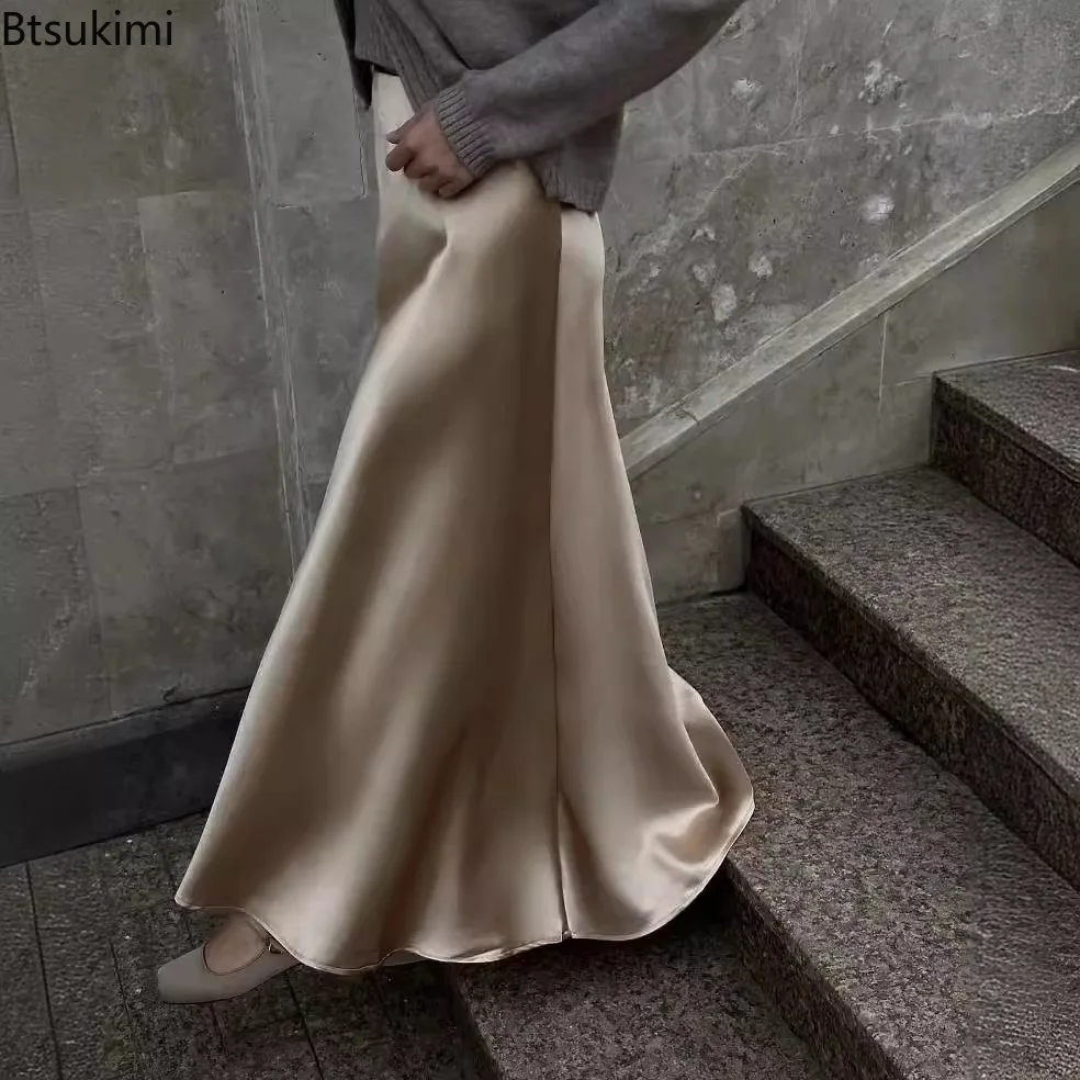 

2024 Women's Elegant Satin Skirts Solid High Waist Hip Package Long Skirt Female Spring Summer Fashion Office Lady Party Robes