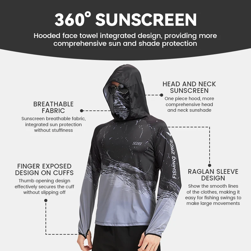 Men's Fishing Hoodie Outdoor Sun Protection Long Sleeve Shirt with Face Mask Breathable UV Protection Quick Cooling Shirt