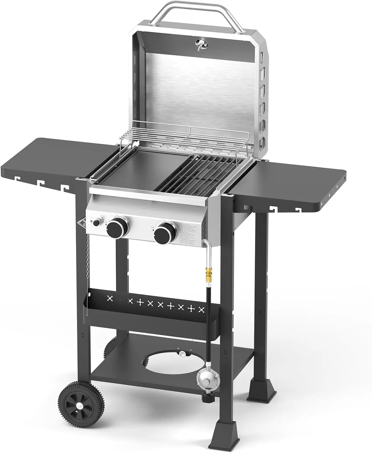 

Propane Gas BBQ Grill 2-Burner with Cast Iron Frying Pan, 16000 BTU Stainless Steel for Outdoor Cooking