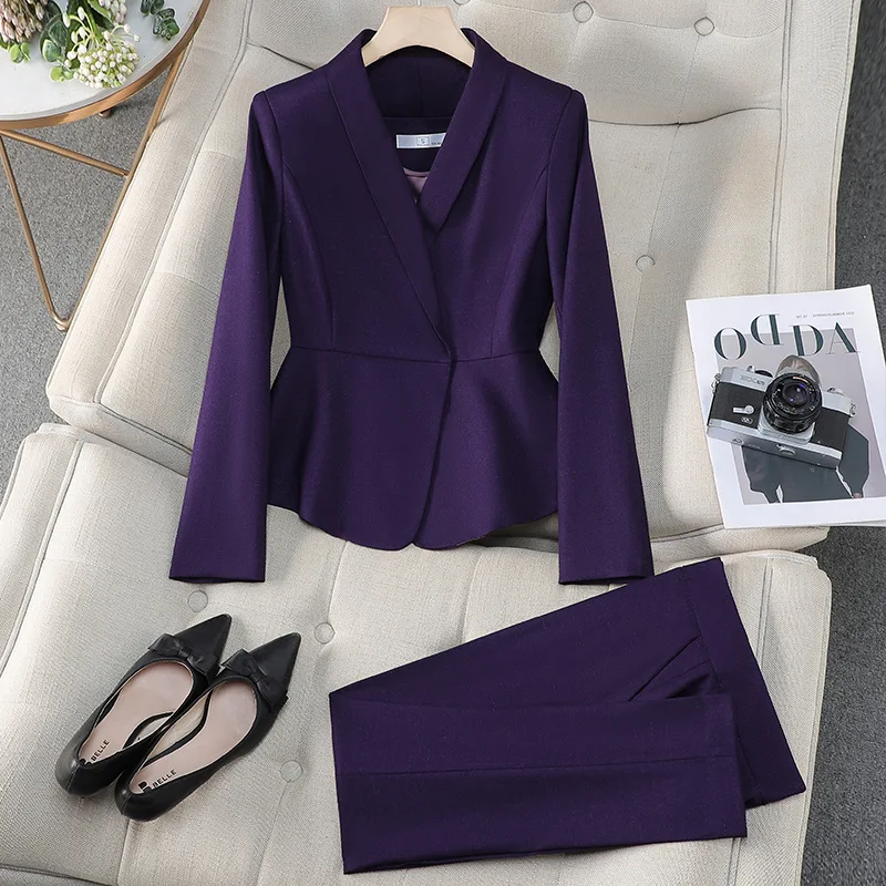 

Высококачественный фиолетовый костюм для женщин2024Осенний новый стиль с застежкой на талии для похудения Профессиональный комплект из двух предметов для поездок на работу