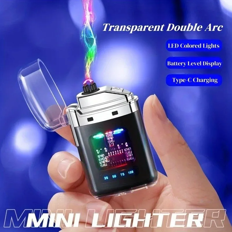 Transparent Dual Arc PlasmaLighter Windproof ElectricPulse Lighter Type-C FastRechargeable Portable Giftfor Camping Candle
