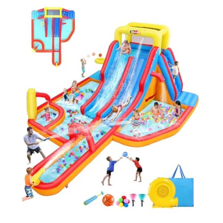 Extra Large Inflatable Water Slide Park for 19.3Ft x 14Ft Blue Huge Waterslide Bounce House w/Dual Surfing Slides Splash Pool 5