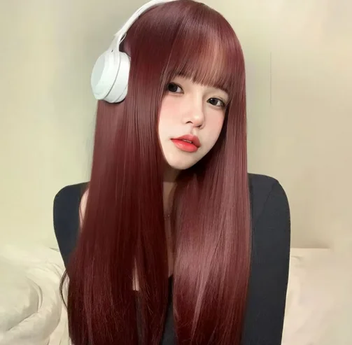 New synthetic fiber wig female wine red long straight hair air fringe temperament high temperature silk wig head cover