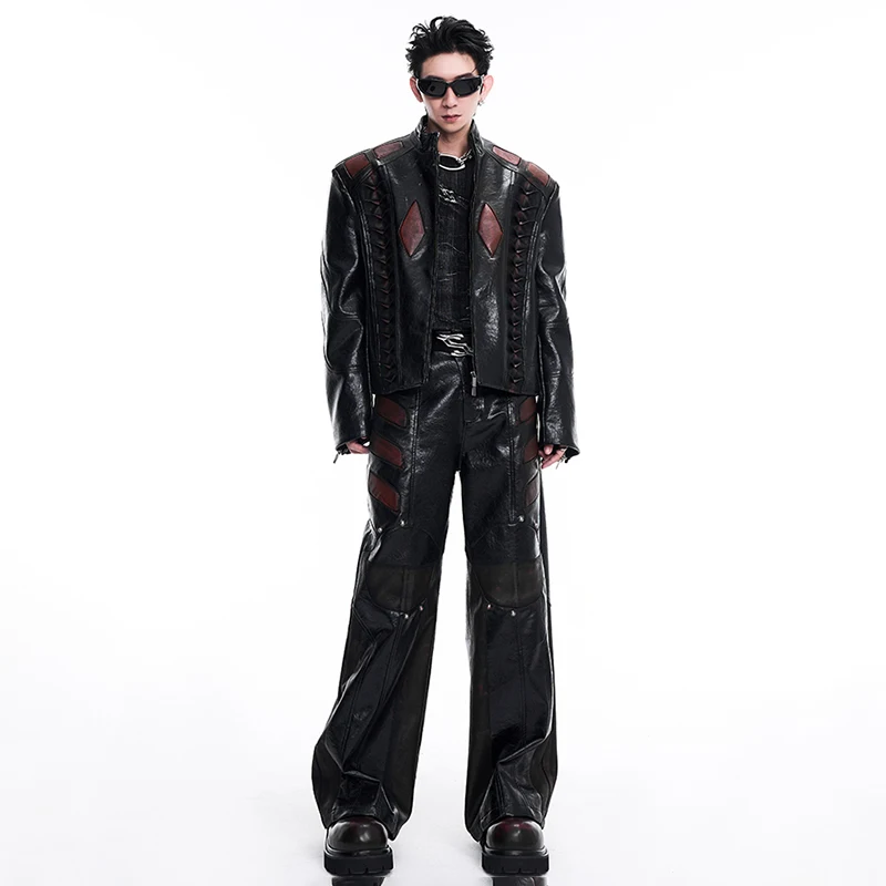 LUZHEN Faux Leather Coat Pleated Color Contrast Design Streetwear Motorcycle Personalized Punk Thick Color Contrast Pants LZ6948