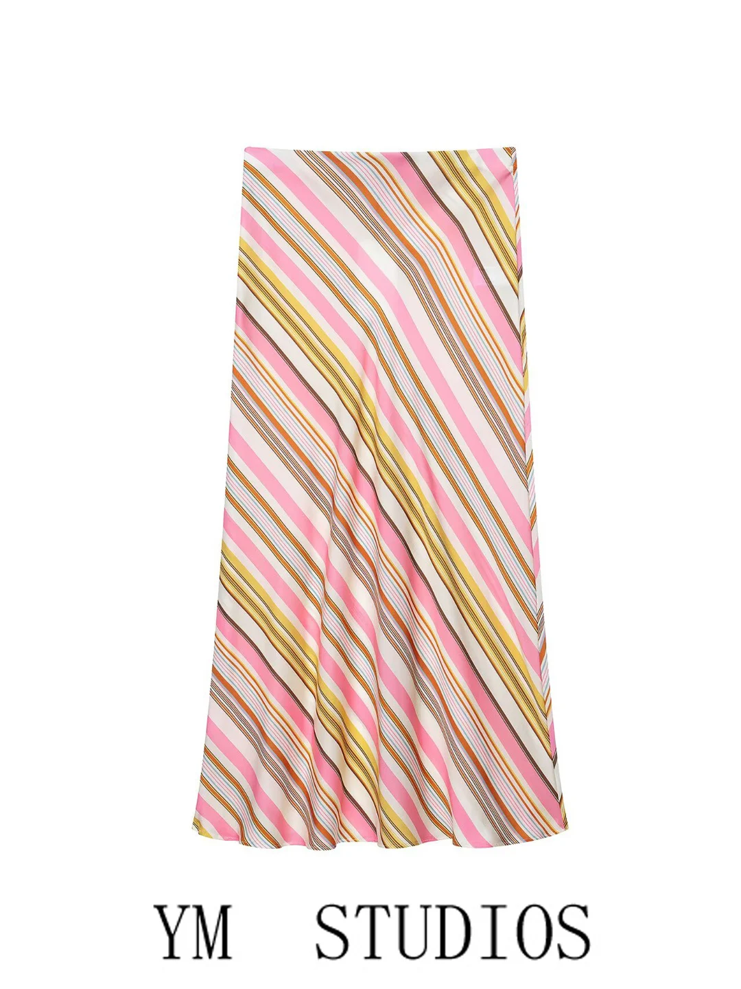 High Waist A-Line Midi Skirt Women's Vintage Color Block Silk Satin Texture Half-length Skirts Fashionable Elegant Style