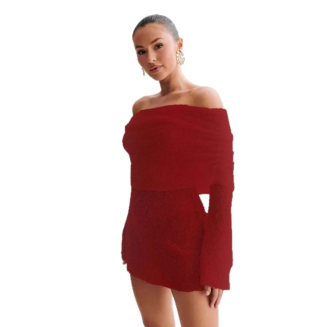 2025 Nuovo costume da bagno da spiaggia da donna sexy Cover Up Elegante signora estiva con spalle scoperte Manica lunga a campana Mini abito aderente trasparente