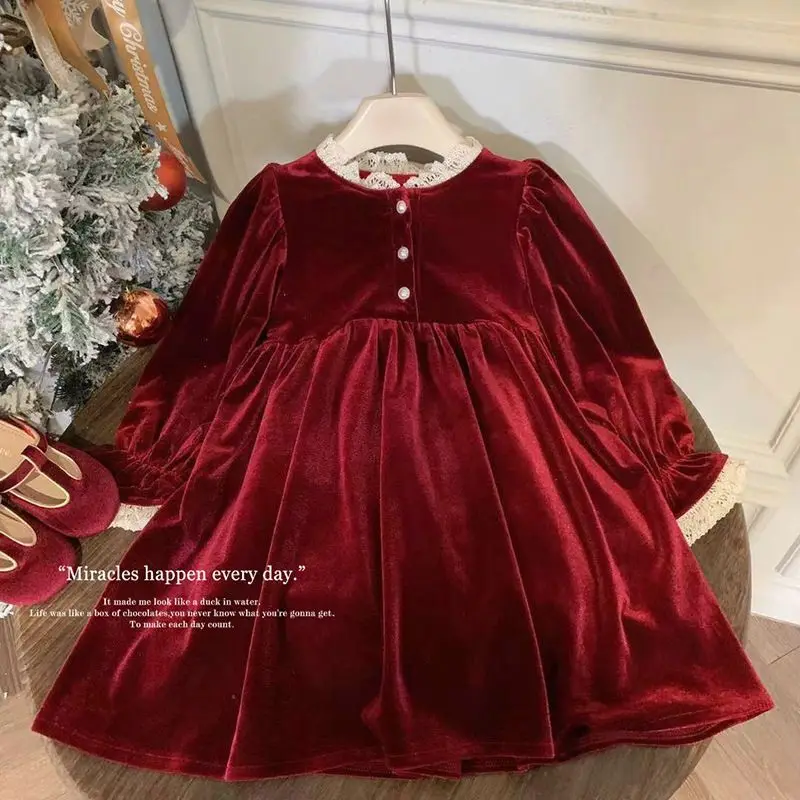 Corduroy Girls Dress Korean Version Baby New Year Dress Wine Red Velvet Lined Winter Dress for Toddler & Kids 18M-8Y